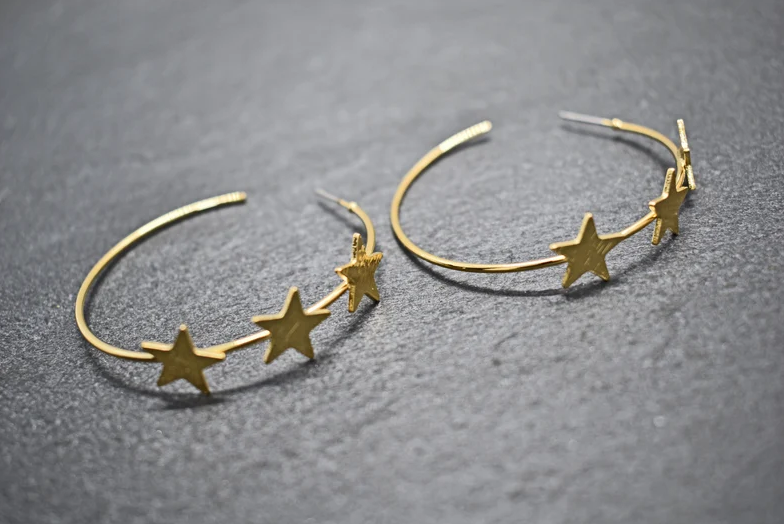 Star earrings, EK-04G, 2pcs, 16K shiny gold plated brass, Star 11mm, Outer 47mm, Wire 1mm thick, Nickel free plating (Palladium), Satin