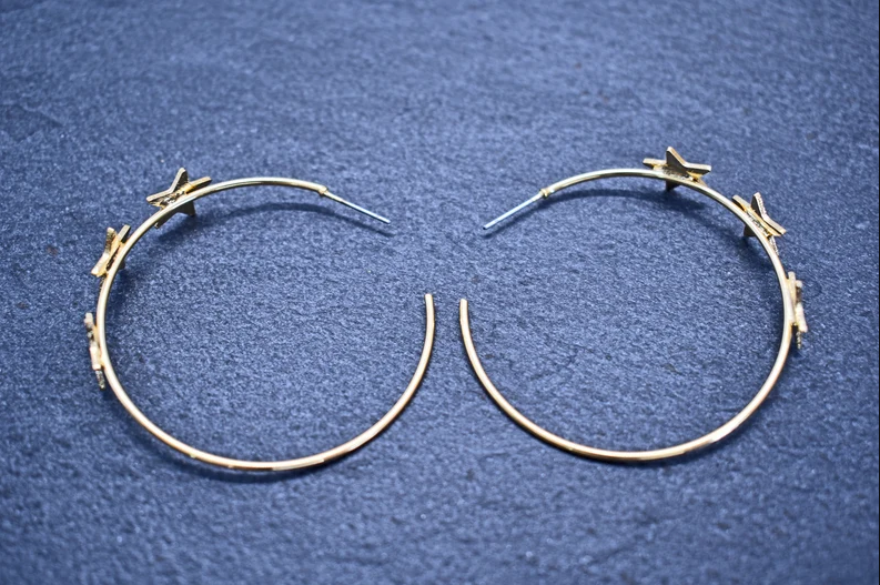 Star earrings, EK-04G, 2pcs, 16K shiny gold plated brass, Star 11mm, Outer 47mm, Wire 1mm thick, Nickel free plating (Palladium), Satin