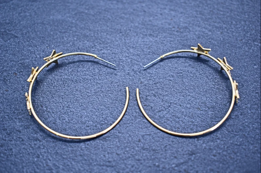 Star earrings, EK-04G, 2pcs, 16K shiny gold plated brass, Star 11mm, Outer 47mm, Wire 1mm thick, Nickel free plating (Palladium), Satin